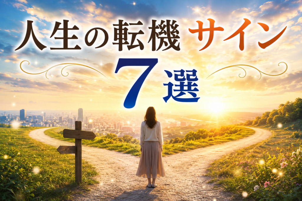 人生の転機サイン7選とスピリチュアルな前兆を表現した画像。分かれ道に立つ人物が新しい未来へ向かうイメージ。