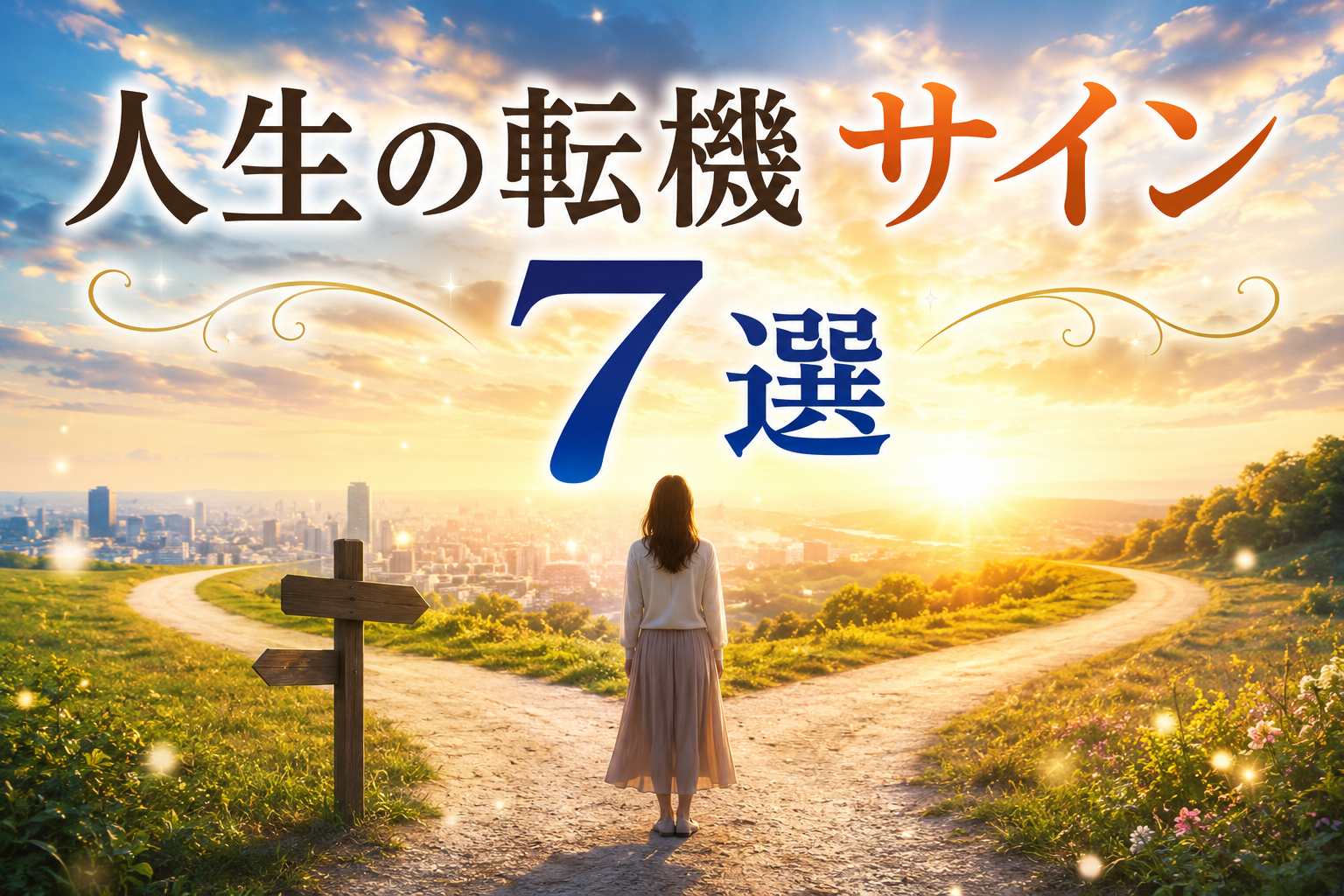 人生の転機サイン7選とスピリチュアルな前兆を表現した画像。分かれ道に立つ人物が新しい未来へ向かうイメージ。